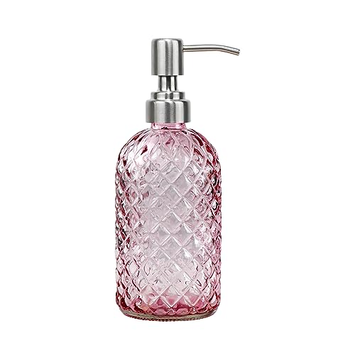 SDlumeiy 16 oz Soap Dispenser with 304 Rustproof Stainless Steel Pump Kitchen Bathroom Refillable Glass Liquid Soap Dispenser for Hand Soap Soap Lotion. (Pink)