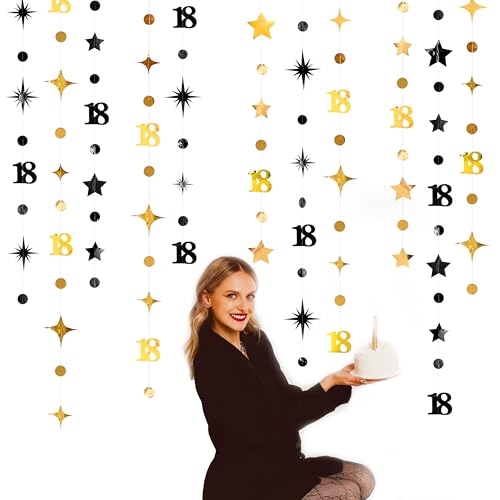 Image of Black Gold 18th Birthday Decorations Number 18 Circle Dot Twinkle Star Garland Streamer Banner Backdrop for Girls Boys Happy 18th Birthday Time to Adult Cheers to 18 Years Old Anniversary Party Deocr