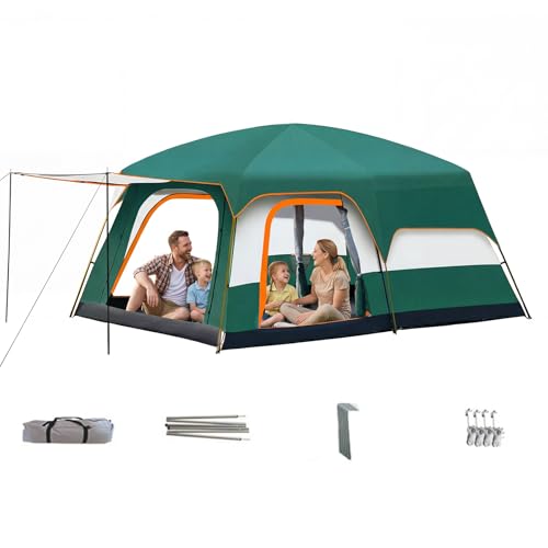 VIGORES Large 8-12 Person Double Decker Camping Tent, Family Camping Hut with Bedroom and Living Room, Waterproof And Sun Resistant, Insect Proof Windows, For Outdoor Picnics Family Gatherings (Green)