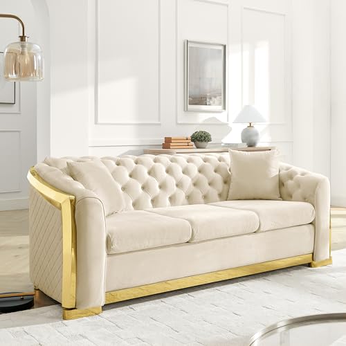 Image of KEIKI 84 inch Luxury Oversized Velvet Chesterfield Sofa with 2 Pillow & Gold Stainless Decoration, Italian Modern Style 3-Seater Button Tufted Couch with Rolled Arms, Easy Assembly, for Living Room, Beige