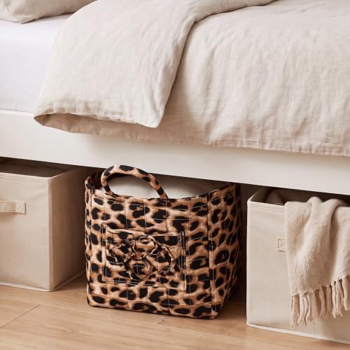 Image of Quilted Fabric Basket Foldable Car Storage Boho Floral Laundry Basket Hamper for Nursery Bedroom & Living Room | Organize Clothes Toys (Leopard)