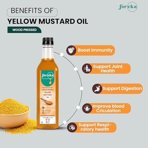 Image of Foreka Cold Pressed Mustard Oil - Unrefined Oil For Cooking - Chemical-free and 100% Natural (1 Litre (Pack of 1), Yellow Mustard)