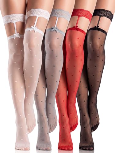 Image of Fourluoo 4 Pairs Fishnet Thigh High Stocking for Women Silicone Lace Top Sheer Silky over Knee High Stocking with Bows