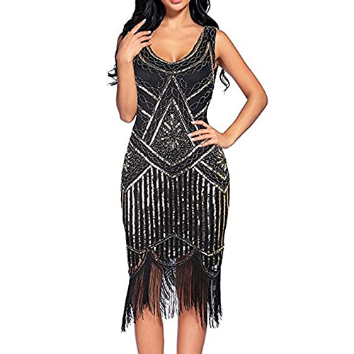 Misaky Women's Vintage 1920s Dress Gatsby Long Evening Prom Sequin Party Dress Plus Size, Black, XX-Large