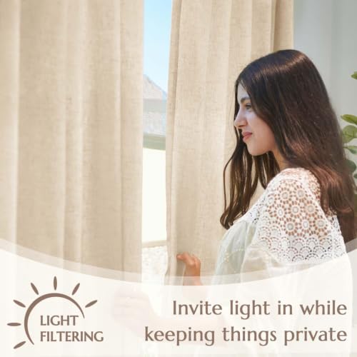 Image of jinchan Lined Linen Curtains Privacy Back Tab 50x90 Inch 2 Panels Set Beige