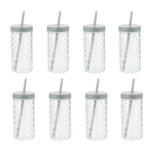 FabFinds Bubble Mason Glass Jars with Lids Cocktail Glasses with Reusable Straw 16ozX8 (Grey)