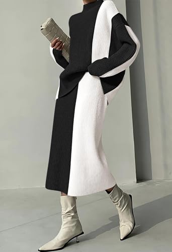 GOLDSTITCH Women's Two Piece Sweater Outfits Mock Neck Pullover Sweater High Waist Skirt Set Color Block Ribbed Set4