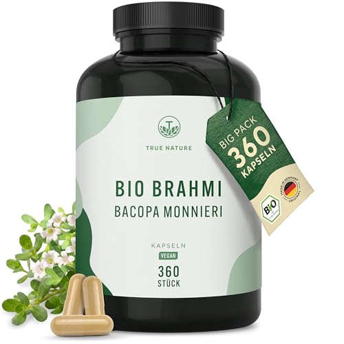 Bacopa Monnieri Brahmi - Hochdosiert: 1.500mg mit 2 5% Bacoside - Big Pack: 360 Kapseln - Brahmi Kapseln Bio Kleines Fettblatt - Ayurveda vegan - Ohne Zusätze - TRUE NATURE