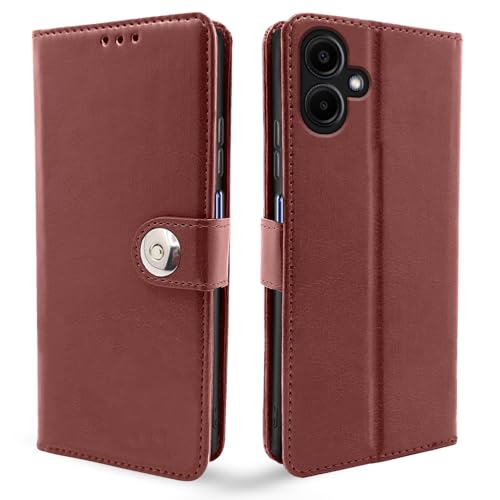 Image of Pikkme Flip Cover Leather Finish | Inside TPU with Card Pockets | Wallet Stand and Shock Proof | Complete Protection Button Flip Case for Samsung Galaxy A06 (Brown)
