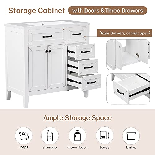 Image of Favfurish 36 inch Bathroom Vanity with Ceramic Sink,Undermount Single Basin Bath Vanity Set w /2 Soft-Close Doors and 3 Drawers,Modern Freestanding Storage Cabinet,Solid Wood Frame,White