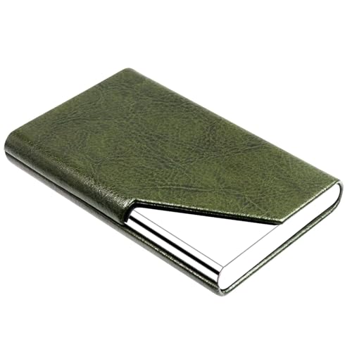 Image of Padike Business Card Holder, Leather Business Card Case Pocket Card Holders for Men or Women, Metal Slim Name Card Holder RFID Blocking Business Card Carrier with Magnetic Closure (Z-Olive Green)