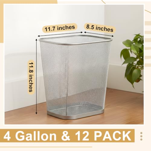 Image of Nuanchu 12 Pcs Sliver Mesh Trash Cans Bulk, 4 Gallon Metal Wastebaskets | Rectangular Open Top Mesh Waste Baskets, Under Desk Trash Cans for Office Bedroom, Bathroom, Kitchen, 11.7 x 8.5 x 11.8 Inch