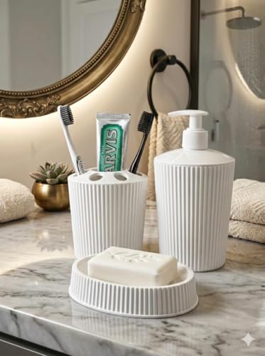3'lü Beyaz Banyo seti, Porselen Görünümlü Plastik Sıvı/Katı Sabunluk ve Diş Fırçalık