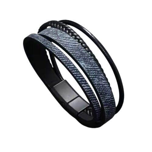 Image of THE MEN THING Leather Bracelet for Men - American Style Genuine Leather Multi-Layer Braided Bracelet with 100% Stainless Steel Magnetic Buckle for Men & Boys (8 inch)