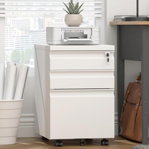 Image of 3 Drawer File Cabinet, Metal Printer Stand with Roling Caster, Under Desk Storage for Home Office, File Cabinet with Lock, No Assembly Required, White