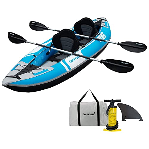 Driftsun Voyager Inflatable Kayak 2 Person Tandem, Foldable Kayaks for Adults Includes 2 Aluminum Paddles, 2 Padded Seats, Double Action Pump and Travel Backpack