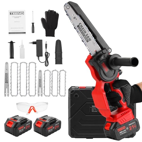 TEENO Motosierra de Batería, Mini Motosierra Eléctrica 6&8 Pulgadas 2-en-1, Kit con 6 Cadenas (3×6'+3×8'), Motor Sin Escobillas, 2×4000mAh, 5500 RPM, Ligera para Jardín, Podar, Madera