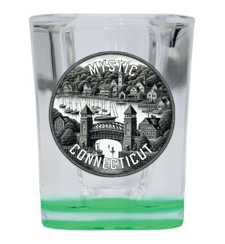 R and R Imports Mystic Connecticut Souvenir Destination 2 Ounce Shot Glass Square Green Base Single