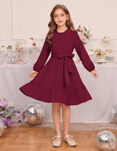 GRACE KARIN Girls Fall Dress Long Sleeve with Pokets Twirl Flowy Swing Lace-Trimmed Holiday Casual Dresses 6-12Y4