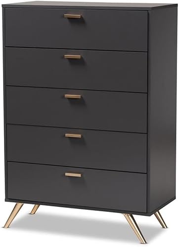 Baxton Studio Kelson - Cómoda moderna y contemporánea con 5 cajones de madera con acabado gris oscuro y dorado