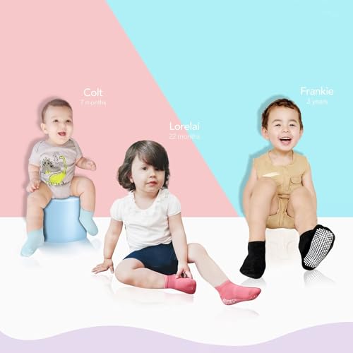 CozyWay Toddler Socks with Grippers - 3T-5T Black, White & Dark Gray 12-Pack - Cotton Non-Slip Ankle Grip for Boys & Girls