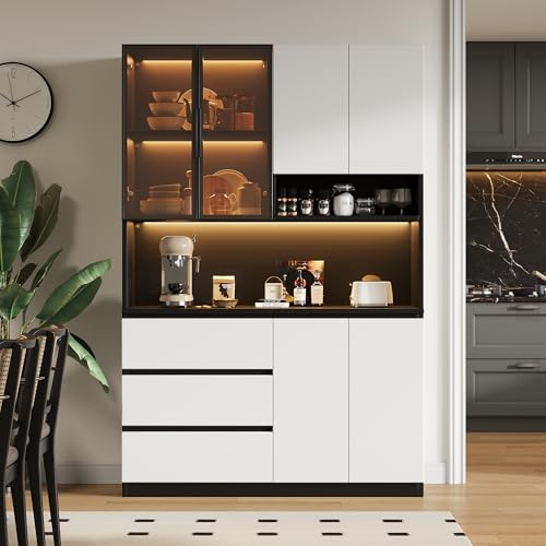 SACOOL 120,5 × 40 × 180 cm, armarios de cocina, vitrinas de cocina con iluminación LED, armarios multifuncionales con 3 cajones, 6 puertas y estantes para guardar vajilla, microondas.