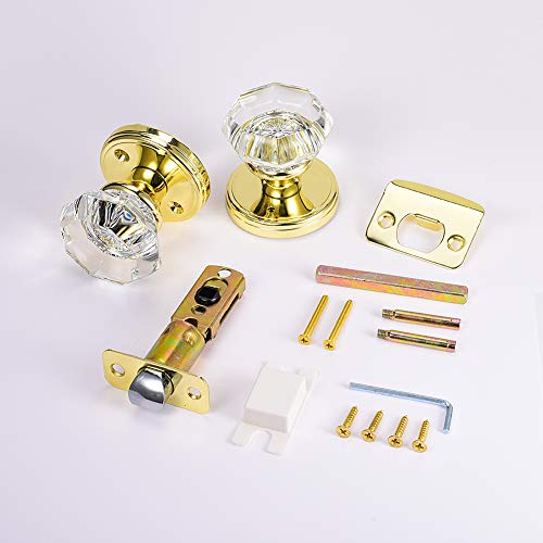 Clctk Privacy Crystal Glass Door Knobs Interior With Lock, Modern Octagon Door Knobs For Bedroom/Bathroom, Gold/Polished Brass #TOP2