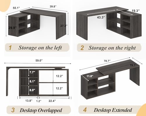 HSH Bureau d'ordinateur en forme de L, bureau d'angle en bois rustique, station de travail pour écriture industrielle avec tiroir de rangement pour bureau à domicile, gris 139,7 cm