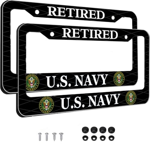 Image of 2PCS License Plate Frames for Retired U.S.Navy,Car License Plate Bracket Holder, Premium Aluminum Alloy Weather Proof License Plate Covers with Screw Caps Cover Set Car Accessories