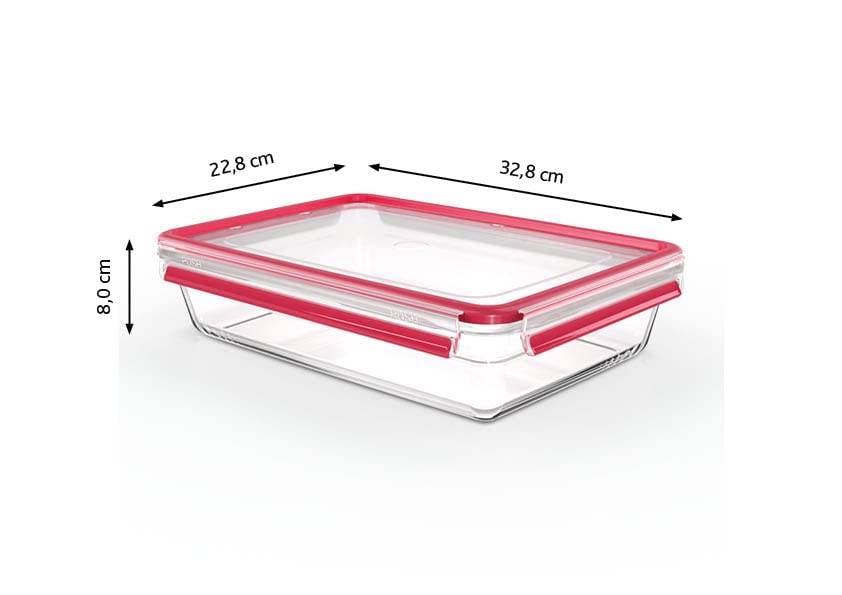 EMSA Clip & Close Glas Frischhaltedose, rechteckig, 3 L, 100 Prozent dicht, rutschfestes Stapeln, Glasbehälter spülmaschinen-, gefrier-, backofen-, mikrowellenfest, Rot, Transparent, N10412 3