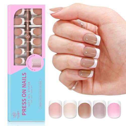 Yilamo French Gel Nail Tips - French Tip Press on Nails Pink Extra Short Square 300Pcs Five Colors 15 Sizes Fake Nails
