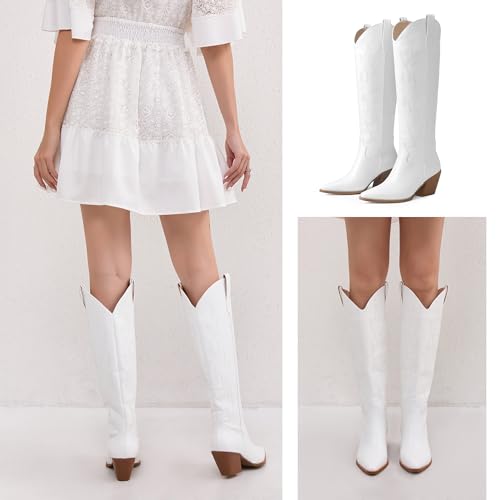 Image of iiimmu Cowgirl Boots Women Knee High Boots Pointed Toe and Block Heel Cowboy Suede and Faux Leather Boots with Embroidered
