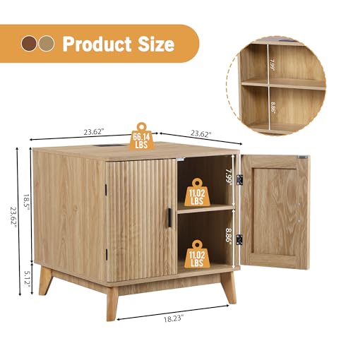 affeivul Fluted End Table Set of 2 with Charging Station, Mid Century Modern Nightstand with 2 Doors, Bed Side Table with Storage for Couch,Living Room, Sofa Side Table for Office,Dorm - Natural — view 3