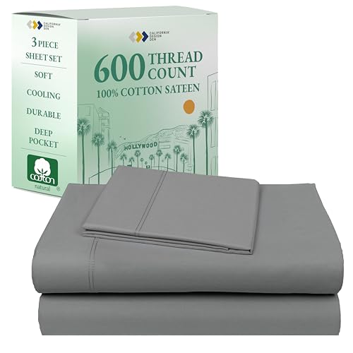 California Design Den Luxury Twin XL Sheet Set - 100% Cotton, 600 Thread Count Deep Pocket XL Twin Sheets, Hotel-Quality Bedding with Soft Sateen, Dorm Essentials for Guys - Mist Grey