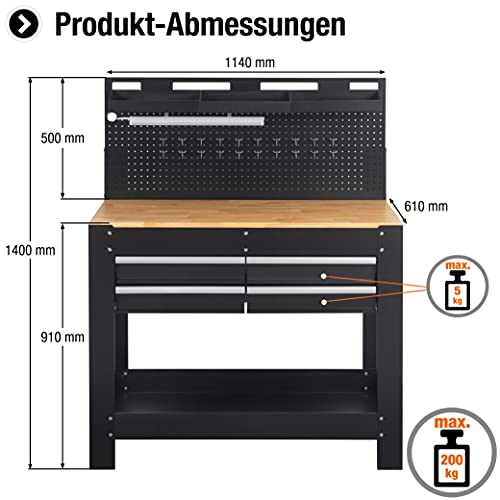 Meister Werkbank 1400 x 1140 x 610 mm - 200 kg Tragkraft - Vier Schubladen, Lochrückwand & drei Ablagefächer - Mit LED-Arbeitsleuchte & integrierter Steckdosenleiste - Aus Stahl / Werktisch / 9079700