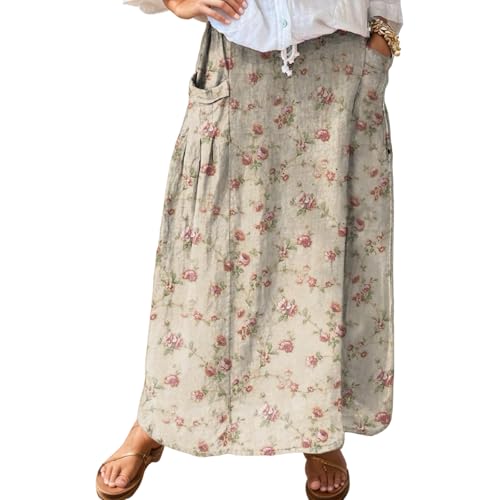 Women's Floral Skirt High Elastic Waist Smocked Maxi Skirt Vintage Trendy Flowy A line Skirts with Pockets