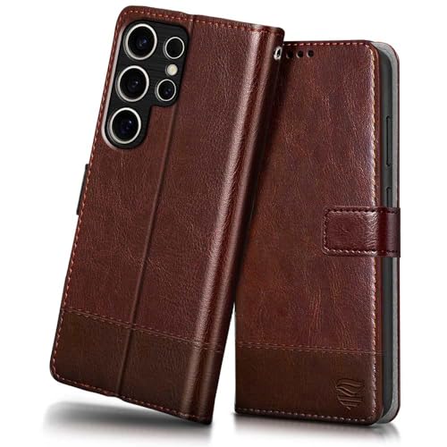 Image of FLIPPED Vegan Leather Flip Case Back Cover for Samsung Galaxy S25 Ultra 5G (Flexible, Shock Proof | Hand Stitched Leather Finish | Card Pockets Wallet & Stand | Tan with Brown)