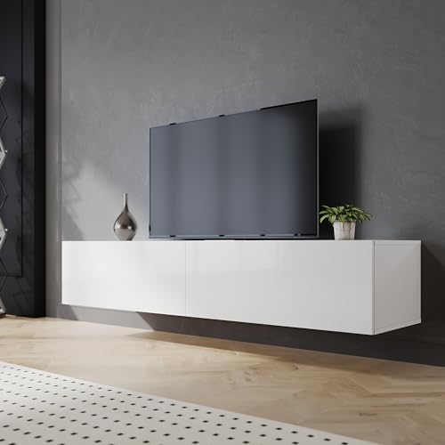 SIRHONA Meuble TV Blanc, Meuble Tele Peut être Suspendu ou Posé au Sol, 2 Placards avec Portes, Super Espace de Rangement, 160x40x30cm, Convient pour Salon...