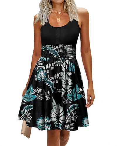 Image of Summer Dresses for Women Casual Sleeveless Sundresses Elastic Waist Mini Sun Dress
