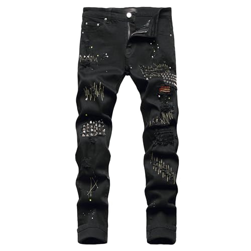 Men's Patch Ripped Regular Fit Jean Distressed Straight Leg Comfort Flex Waist Pants Stretch Skinny Jeans