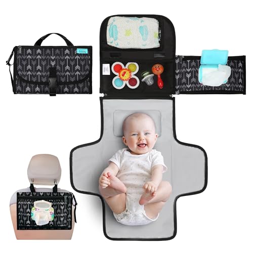 Image of Kopi Baby Portable Diaper Changing Pad, Wipes Pocket, Classic Black Arrows | 22-In Waterproof Pad, Smart Wipes Pocket, 2 Inner Mesh Pockets, Outer Pocket, Detachable Storage, Carry Straps