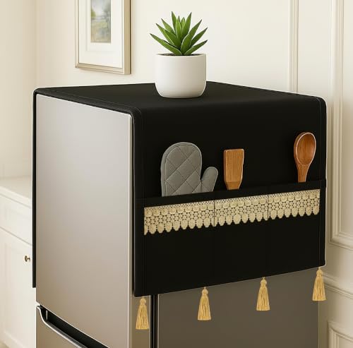 Image of Refrigerator Single Door Waterproof, Dustproof, Tassel Lace Refrigerator Top Cover, Protective Cover for Fridges with Extra Storage Space Nylon Top cover with 6 Storage Pockets ( Black, 130 x 54 cm )