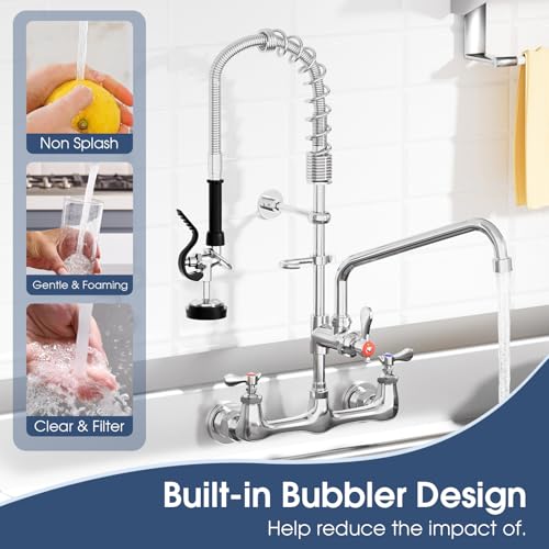 Commercial Wall Mount Kitchen Faucet with Pull Down Pre-Rinse Sprayer, Adjustable Swing Spout, Heavy-Duty Utility Sink Tap for Restaurant, Bar, 3 Compartment Sinks