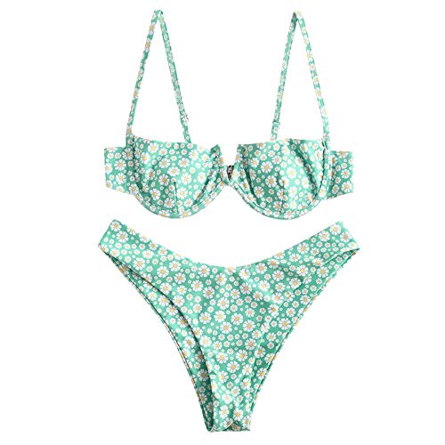 ZAFUL Women's Floral V-Wired Underwire High Leg Two Piece Bikini Set Swimsuit (U-Pale Blue Lily, L)