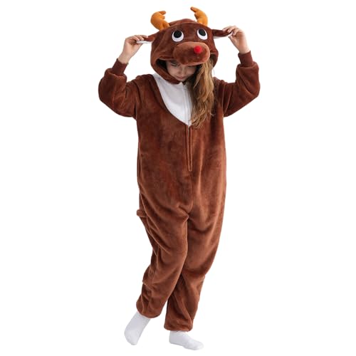 Beauty Shine Onesie Cartoon Animal Costume One Piece Pajamas Cosplay Halloween Christmas Sleepwear Jumpsuit Homewear (US Age 12 Years Coffee Reindeer)