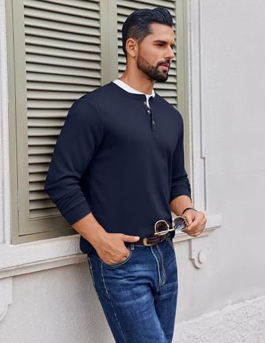 Ekouaer Mens Henley Long Sleeve Shirts Waffle T-Shirt Lightweight Thermal Undershirts Navy Blue M4