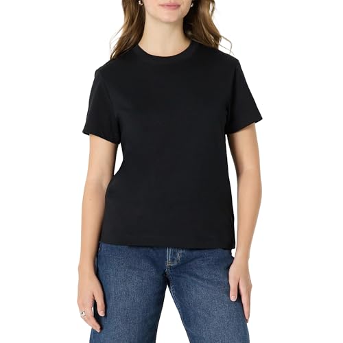 Amazon Essentials Damen (Demis Favorit) Relaxed-Fit-Baumwoll-T-Shirt Rundhalsausschnitt, Schwarz, S
