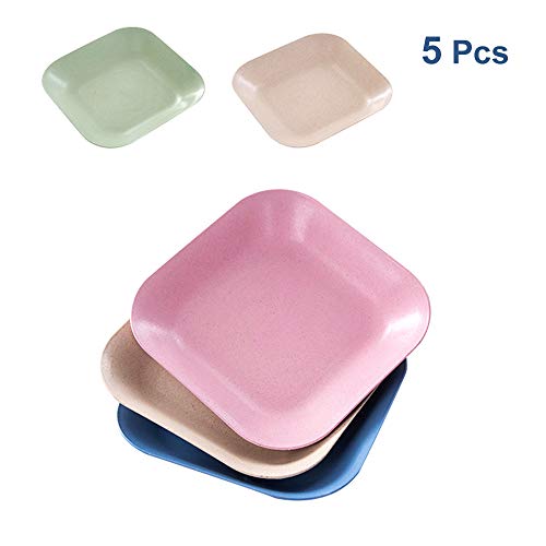 Platos de cena de paja de trigo, 5 pzas, Apto para microondas y lavaplatos, ensaladas livianas sin BPA, pasteles y tartas para bebés, niños pequeños, anti caídas, no tóxicos (cuadrado, 4 colores)