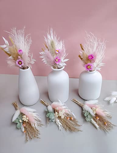 Mini Dried Flower Bouquet Set Of 6, Boho Wedding Decor, Boutonniere For Men, Table Centerpieces, Birthday Cake Flowers,Personalized Bridesmaid Gift Box, Small Bottles Decoration.(White) #TOP1