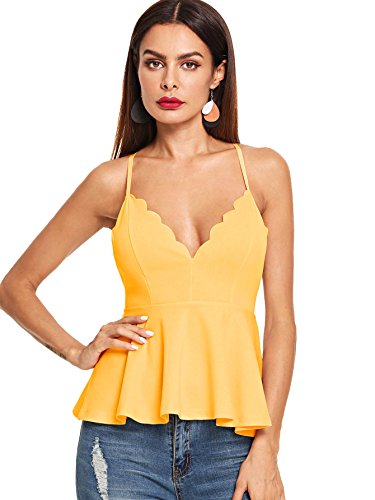 MakeMeChic Women's Sexy V Neck Backless Camisole Scalloped Peplum Cami Top Yellow XL